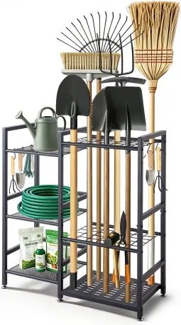 VEVOR Tuingereedschapsrek 740x300x805mm 3-laags gereedschapshouder zwart, opbergrek voor garage, schuur, tuin en buiten, stalen organizer met 3 planken, 6 haken en stelvoeten