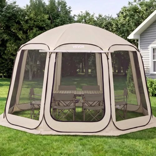 VEVOR Campingtent, 365,76 x 335,28 x 230 cm, pop-up tent met uitschuifbare luifel, partytent voor 10-12 personen, incl. draagtas en gaaswanden, voor terras en buitenactiviteiten, beige