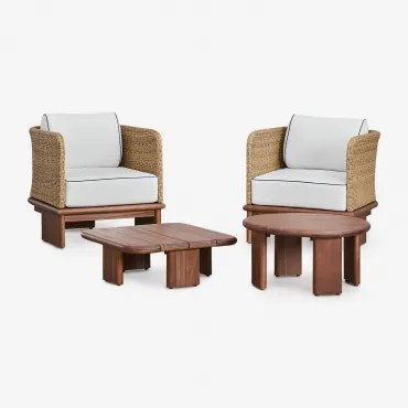 Tuinset Met 2 Fauteuils En 2 Salontafels In Rotan En Acaciahout Famara Acacia Bruin - Sklum