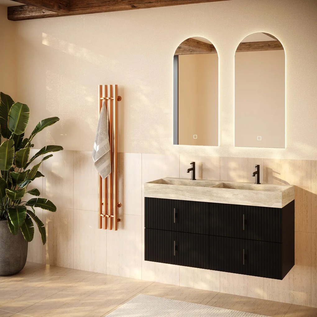 Muebles Murcia badmeubel ribbelfront 120cm zwart mat met White Travertin wastafel met kraangaten
