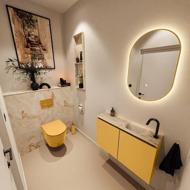 MONDIAZ TURE-DLUX 80cm toiletmeubel Ocher. EDEN wastafel Frappe positie rechts. Met 1 kraangat. TUREDX80OCHR1FRA