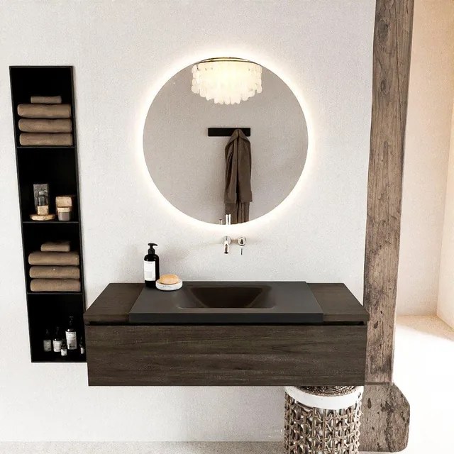 Mondiaz BUKLA badkamermeubelset 120x45x34cm 0 kraangaten wasbak midden solid surface Urban greeploos 1 lade met softclose Melamine Dark brown BUKLA10199