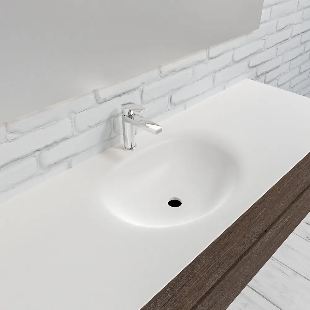 Zaro Sevilla Solid Surface badmeubel 150cm donker eiken 1 kraangat spoelbak midden met 2 lades