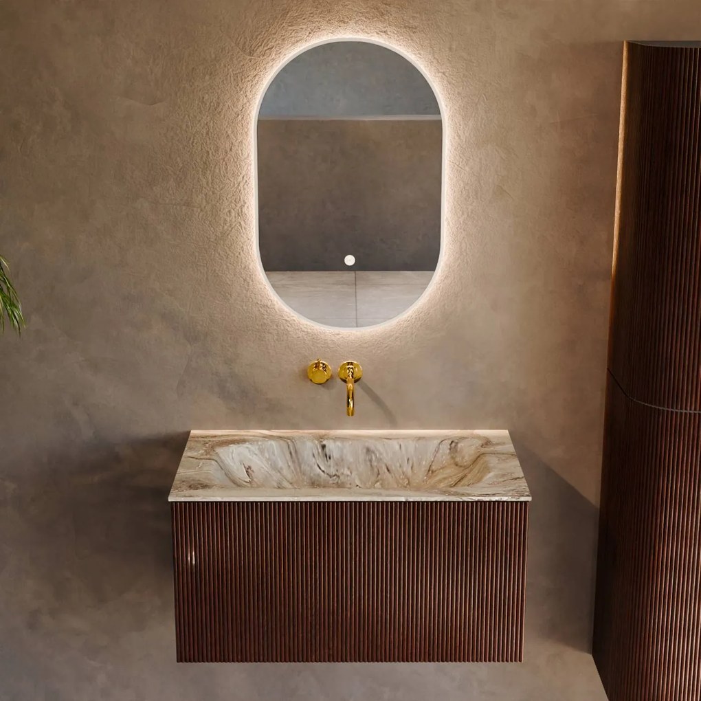 Mondiaz Kurve-dlux 80cm badmeubel ruby met 1 lade en wastafel big small midden zonder kraangat glace