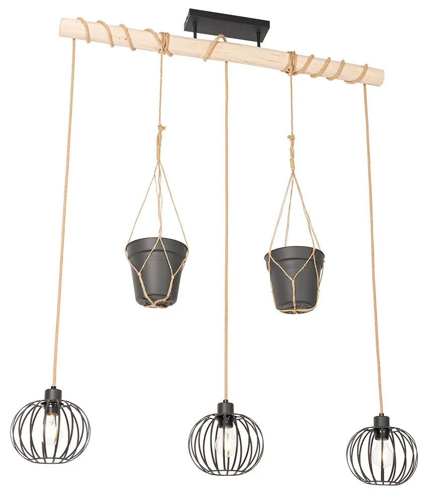 Eettafel / Eetkamer Landelijke hanglamp zwart met hout 3-lichts - Yura Landelijk E27 Binnenverlichting Lamp