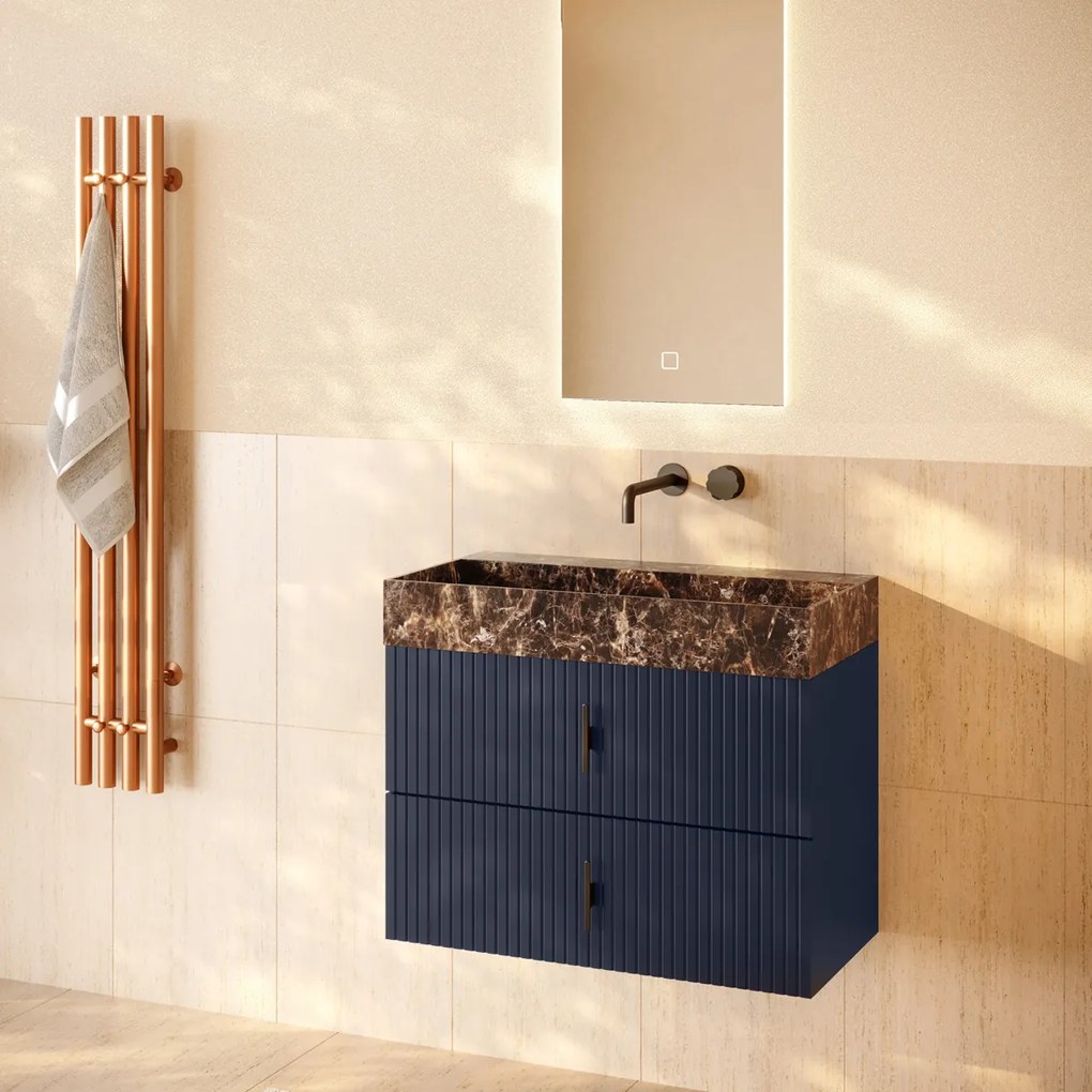 Muebles Murcia badmeubel ribbelfront 80cm marine blauw met Dark Emperador wastafel zonder kraangat