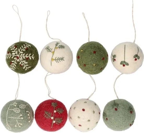 Kerstballen met takjes, vilt, set van 8, Ø5 cm