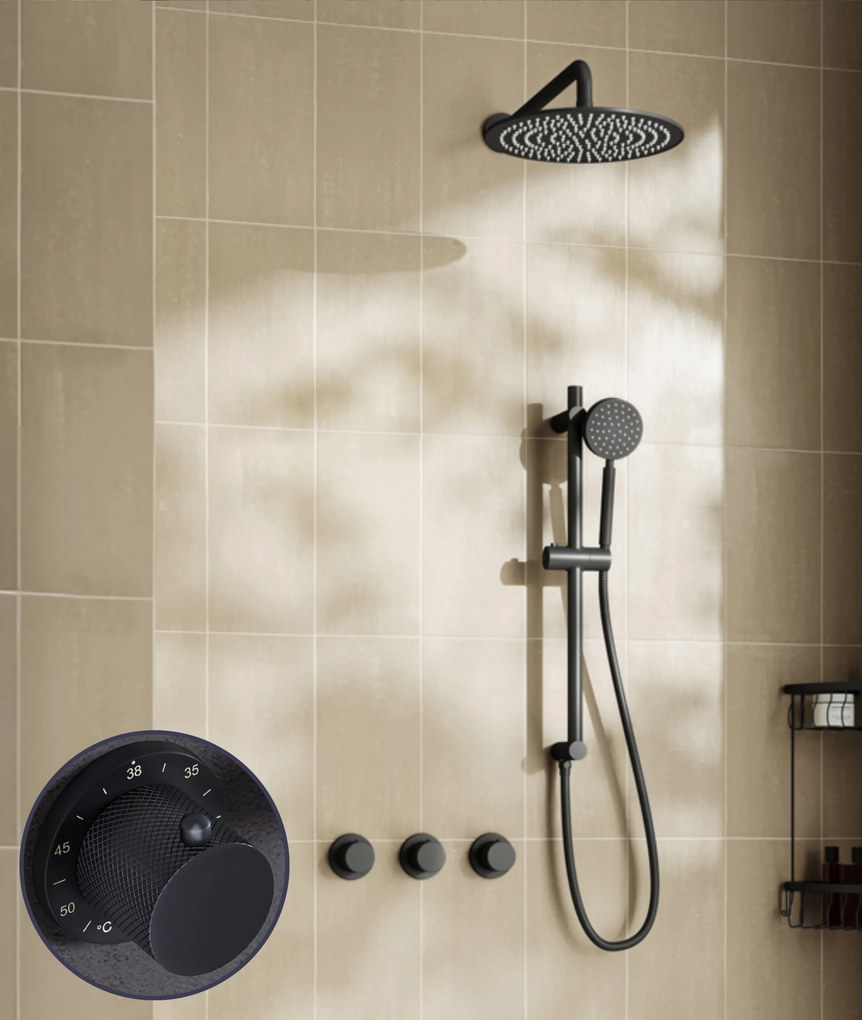 Saniclear Plus Curved inbouw regendouche met 20cm hoofddouche, muurarm en glijstang zwart mat