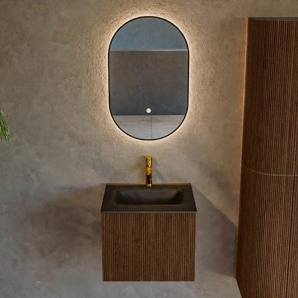 Mondiaz Kurve 50cm badmeubel walnut met 1 lade en wastafel grunne midden 1 kraangat urban