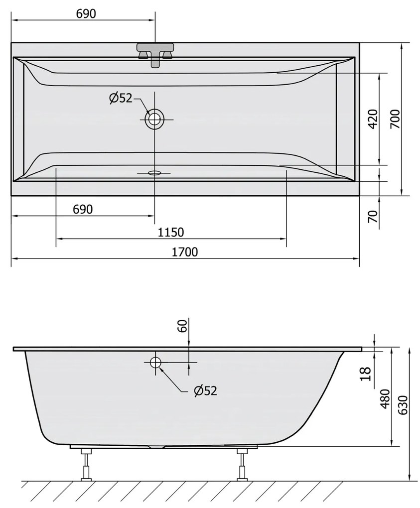 Polysan Cleo Slim ligbad 170x70x48cm wit