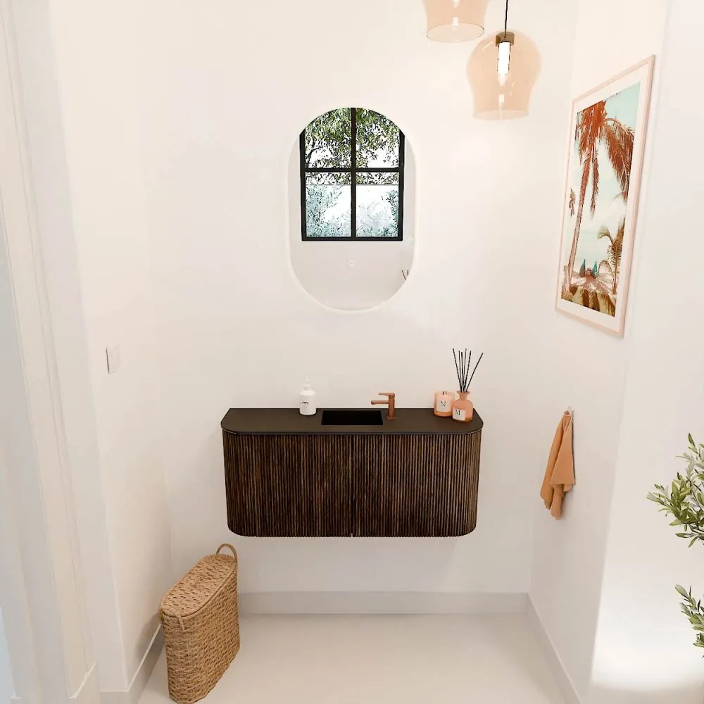 Mondiaz Joya 95cm toiletmeubel ronding links/rechts walnut met wastafel faye midden 1 kraangat urban