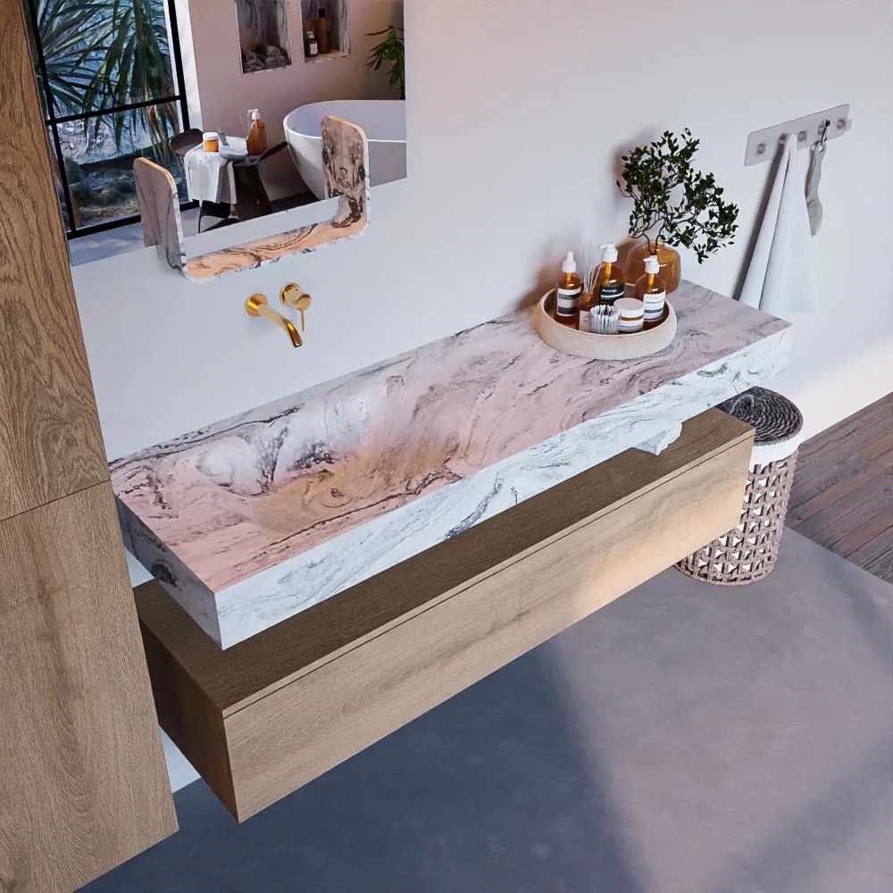 Mondiaz Alan DLux badmeubel 150cm washed oak 1 lade met wastafel glace links zonder kraangat