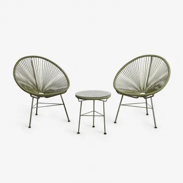 Tuinset Met 2 Fauteuils En Bijzettafel In Staal En Synthetisch Riet Nieuw Acapulco Groen – Intens Olijf - Sklum