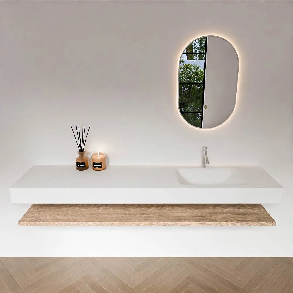 Zaro Alan badmeubel 190cm met planchet washed oak en vrijhangende wastafel cloud rechts 1 kraangat talc