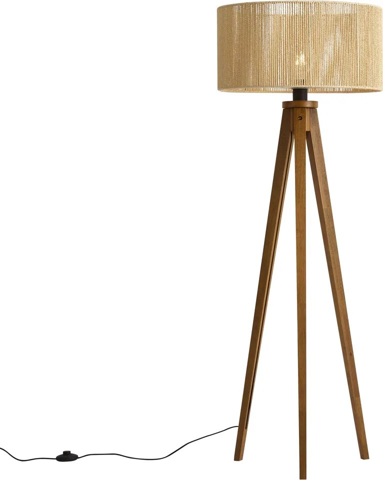 Vloerlamp vintage hout met beige papieren touw kap 50/50/25 - Tripod Classic