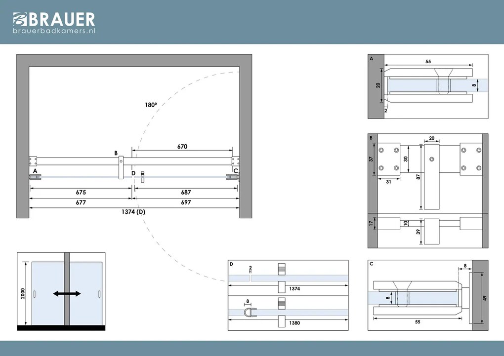 Brauer Void profielloze nisdeur 140cm met draaideur 70cm aan muur koper geborsteld PVD