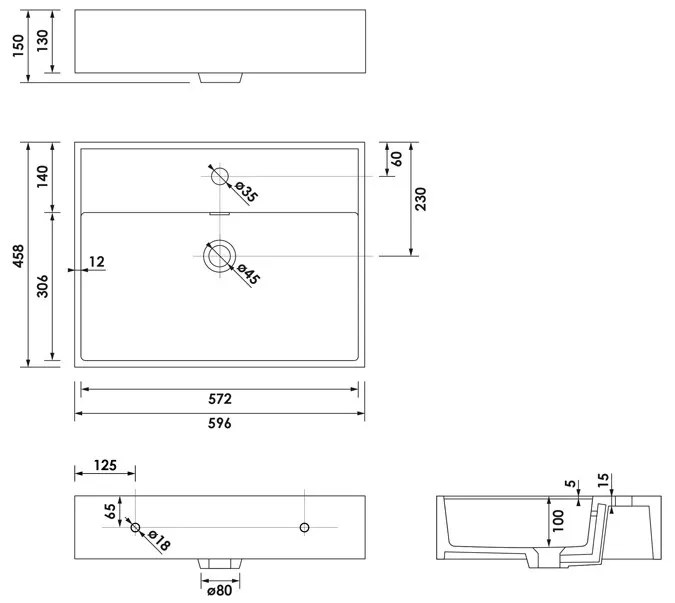 Brauer Gravity enkele wastafel mineraalmarmer 60cm zonder kraangat wit glans