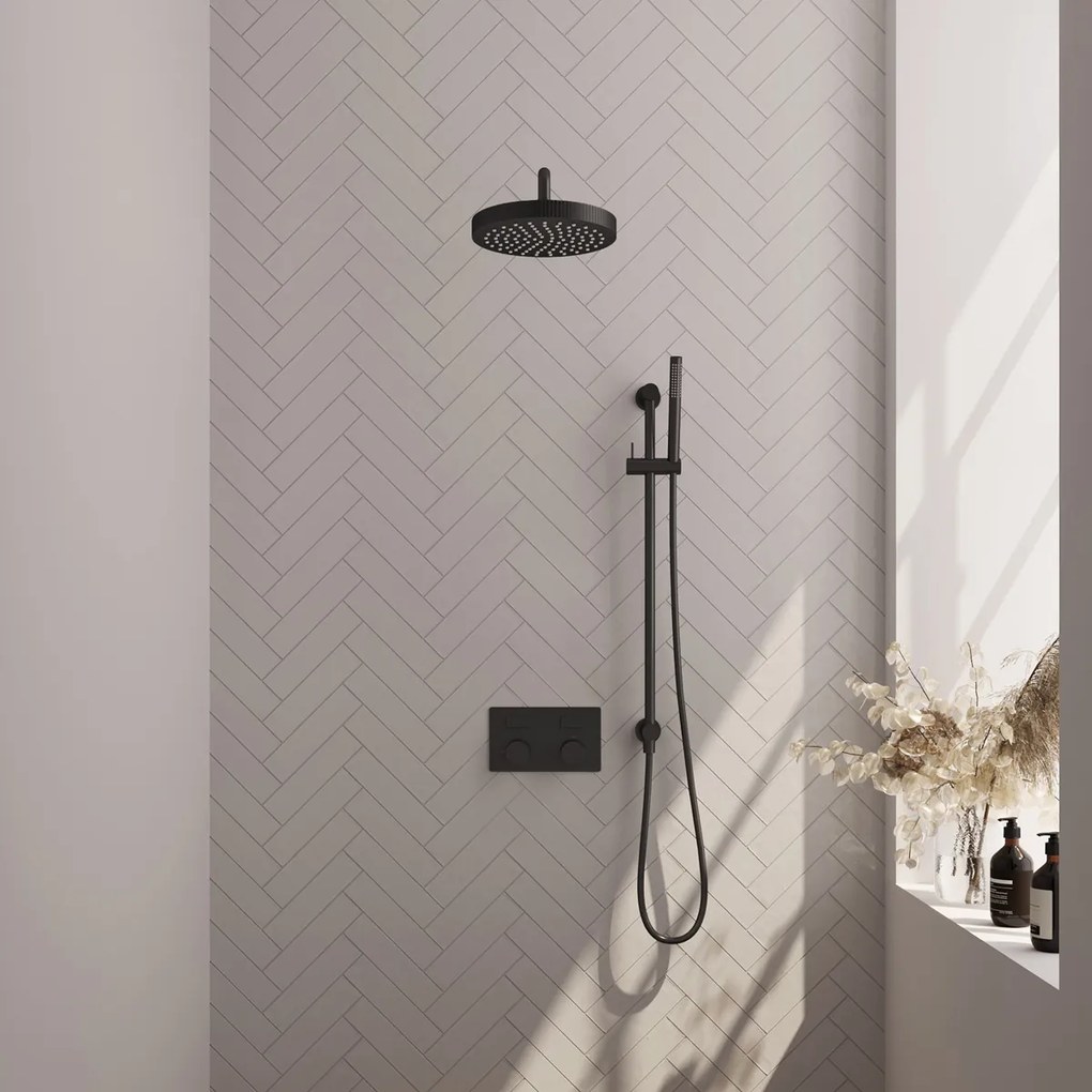 Brauer Stripe inbouw regendouche met 25cm hoofddouche, gebogen muurarm, staafhanddouche en glijstang set 32 zwart mat