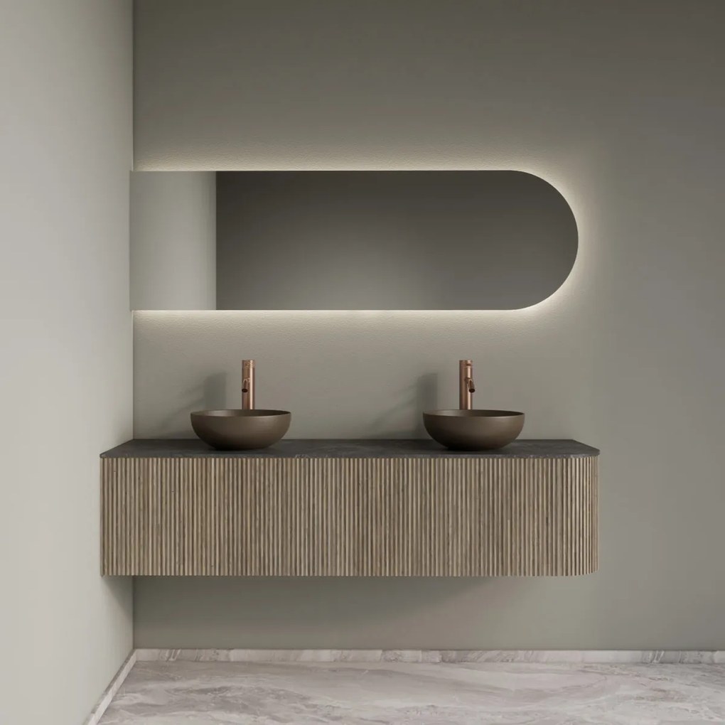 Gliss Design Alluro badmeubel ribbelfront met ronding rechts 160cm corn silk en zwart leisteen toppaneel