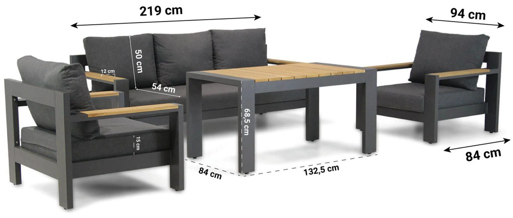 Stoel en Bank Loungeset 5 personen Aluminium/Aluminium/teak Grijs Lifestyle Garden Furniture Milano