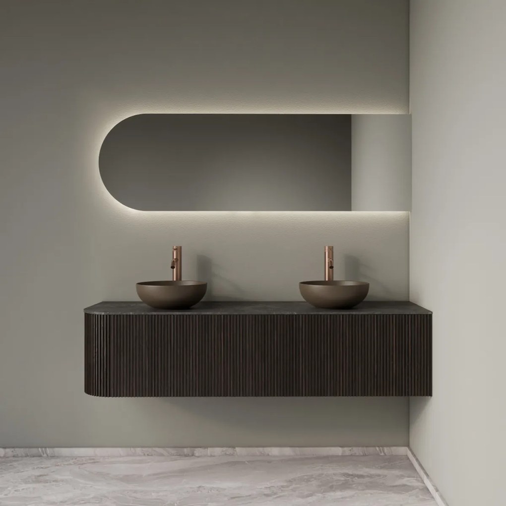 Gliss Design Alluro badmeubel ribbelfront met ronding links 160cm ebony en zwart leisteen toppaneel