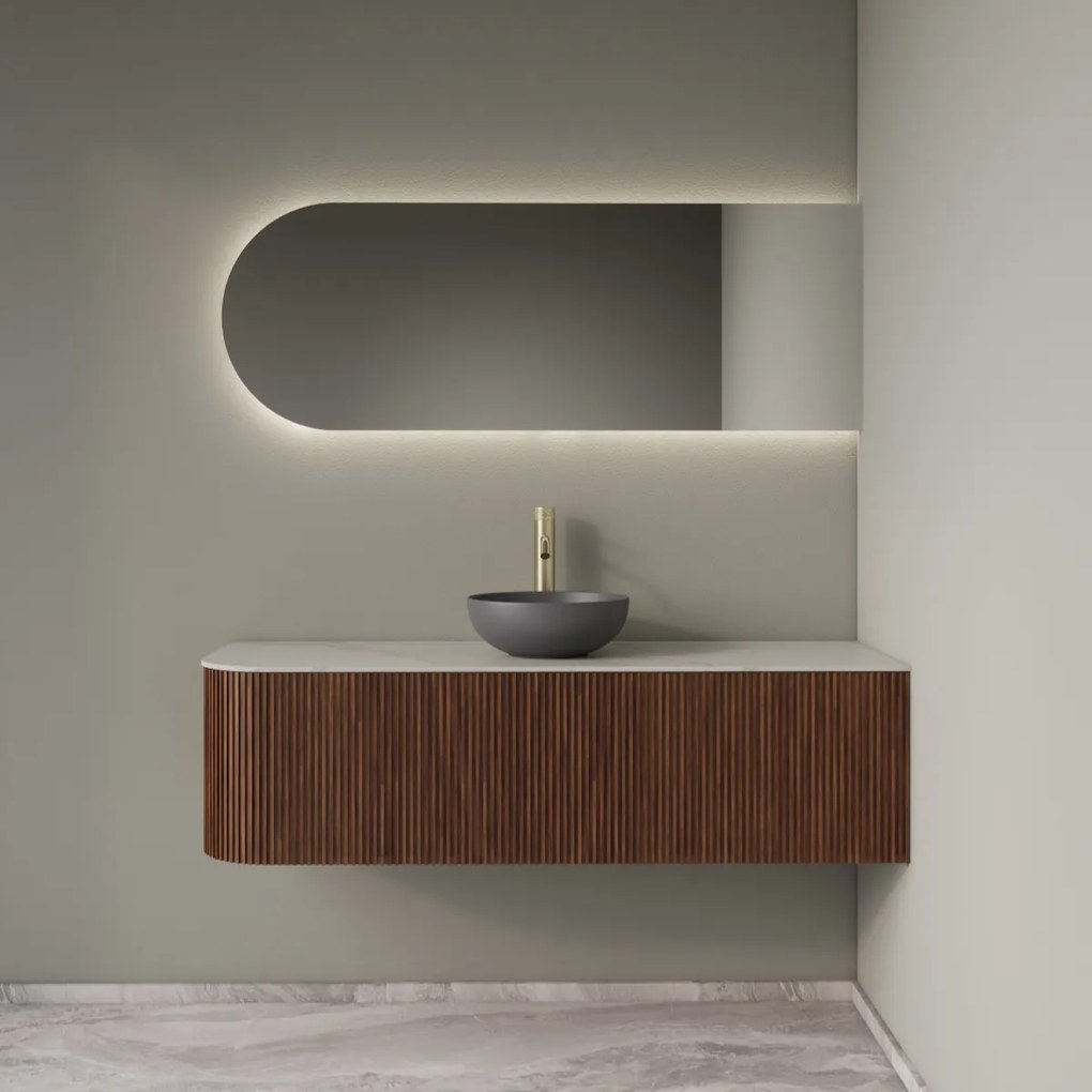 Gliss Design Alluro badmeubel ribbelfront met ronding links 140cm walnut en wit marmer toppaneel