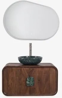 Hangend Badkamermeubelset 95x45 Cm Van Mangohout En Natuurlijke Kivalina-steen Ovaal Led En Anticondens 100x80 Cm Riben & Geborsteld Grijs ↑30 Cm Met