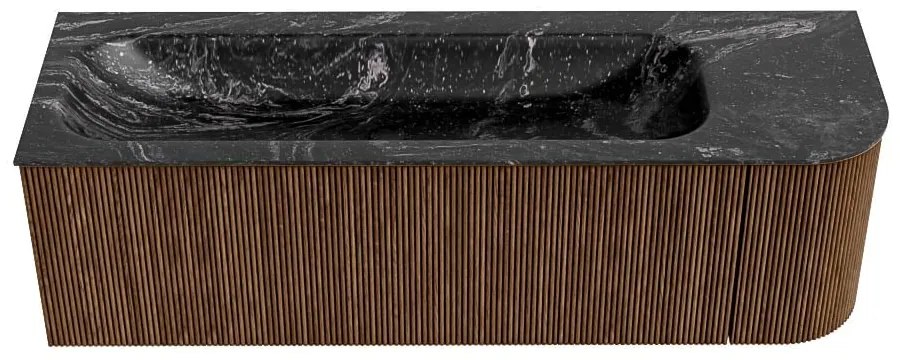 Mondiaz Kurve-dlux 145cm badmeubel ronding rechts walnut met 1 lade en deur en wastafel big large kraangat links lava
