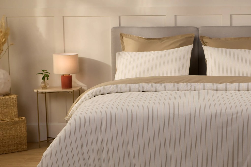 Emma Percal Dekbedovertrek 240x220 cm Beige Banden &amp; Beige