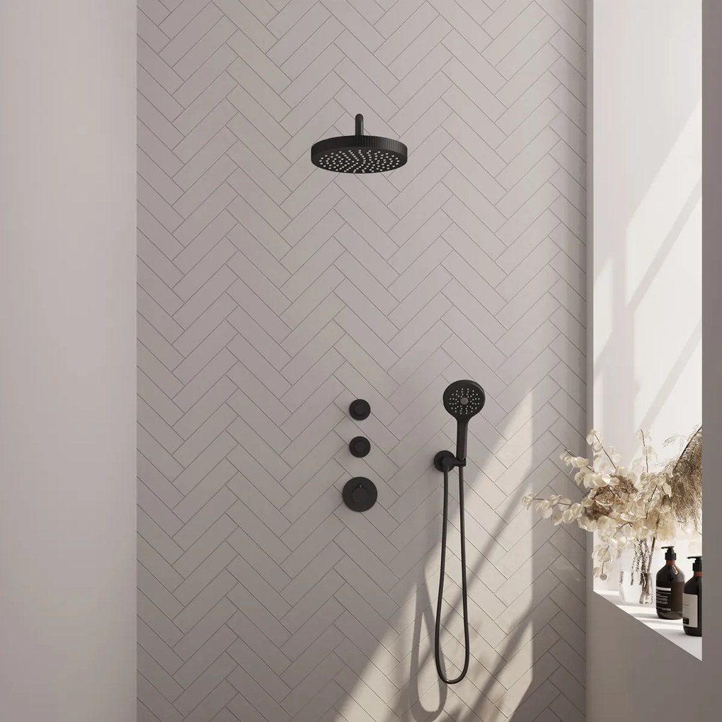 Brauer Stripe inbouw regendouche met 25cm hoofddouche, gebogen muurarm en 3 standen handdouche set 5 zwart mat