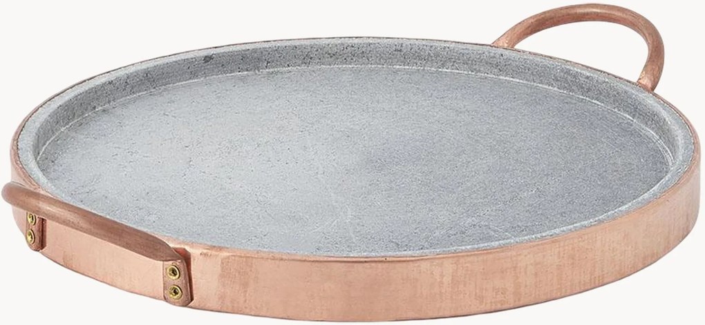 Ronde kookplaat Classic van soapstone met koperen handvat