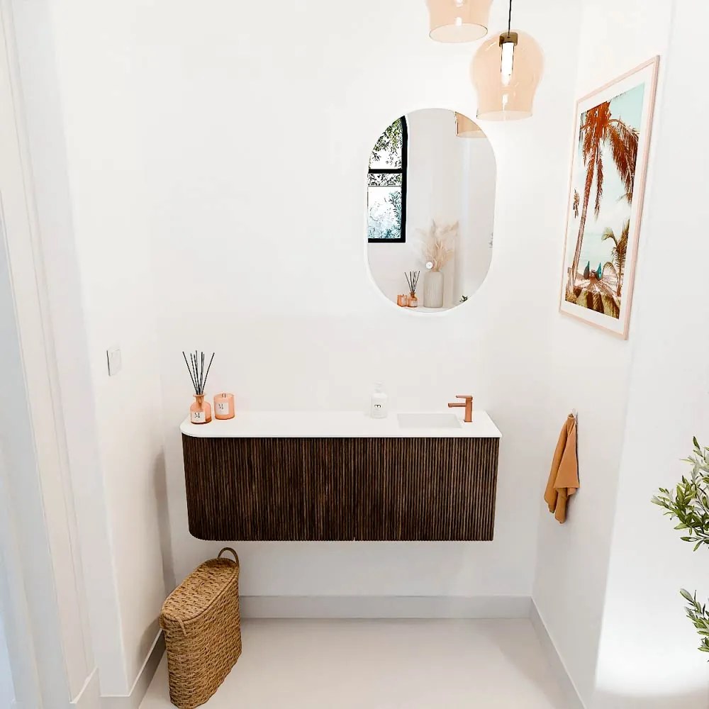 Mondiaz Joya 110cm toiletmeubel ronding links walnut met wastafel faye rechts 1 kraangat talc