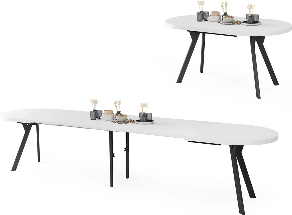 Mazzoni EXPANSO Wit mat / zwarte poten - OVALE UITSCHUIFTAFEL 160-360 cm VOOR 16-18 PERSONEN