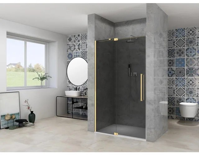 Van Rijn Products ST08 Nis draaideur - 120x200cm - grijs rookglas - dikte 8mm - 2 delig - muurprofiel - stabilisatiestang - Messing ST08300120GRSB