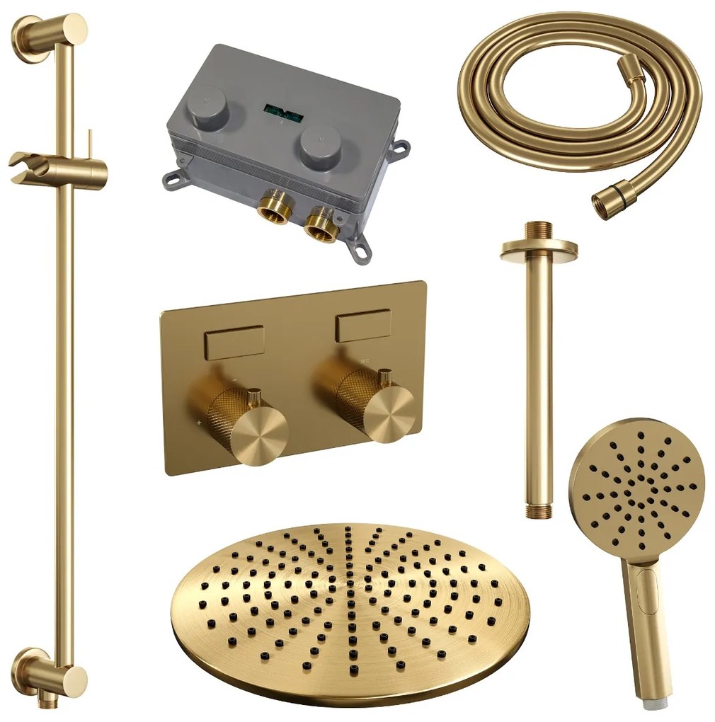 Brauer Gold Carving thermostatische inbouw regendouche met 3 standen handdouche, plafondarm, glijstang en hoofddouche 30cm set 72 messing geborsteld PVD