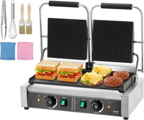VEVOR Commerciële Panini Grill, 3600W Elektrische Sandwich Maker, Dubbele RVS Grill, met Temperatuurregeling en Vlakke Geëmailleerde Plaat 485 x 230mm voor Hamburger Steak Bacon