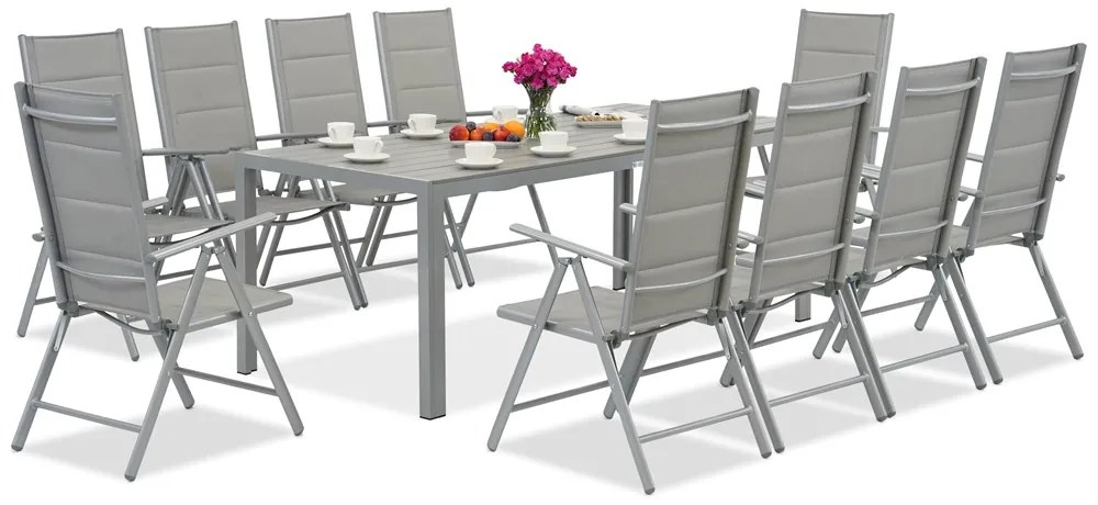 Garden Point lichtgrijze aluminium tuinmeubelen met grote Polywood Verona tafel voor 10 personen