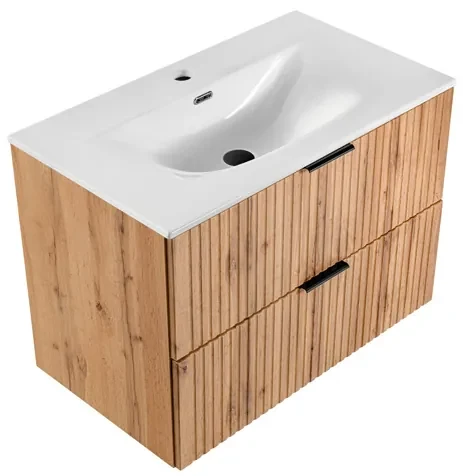 Comad Adele Oak badkamermeubel 80cm eiken met witte wastafel 1 kraangat