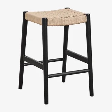Hoge Kruk 65 Cm In Eikenhout En Gevlochten Touw Mara Gewoon Zwart - Sklum