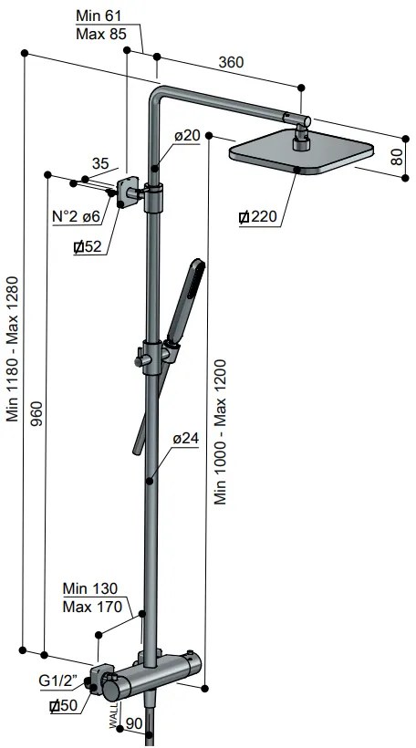 Hotbath Gal thermostatische stortdouche set met 27x40cm hoofddouche geborsteld gunmetal PVD