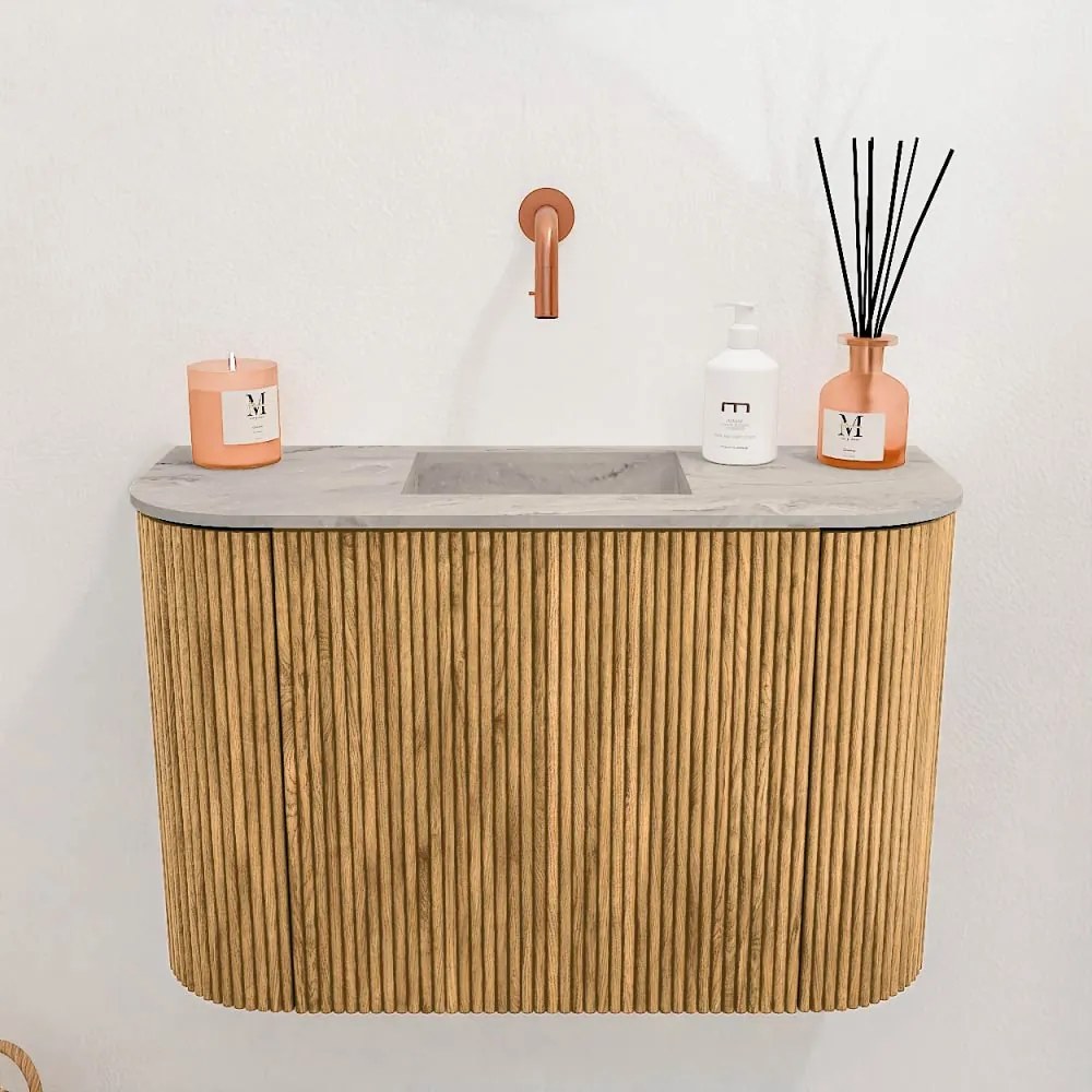 Mondiaz Joya DLux 65cm toiletmeubel ronding links/rechts oak met wastafel faye midden zonder kraangat glace