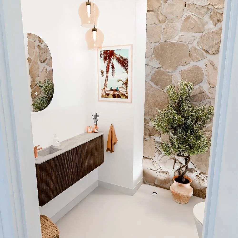 Mondiaz Joya DLux 110cm toiletmeubel ronding rechts walnut met wastafel faye links 1 kraangat glace