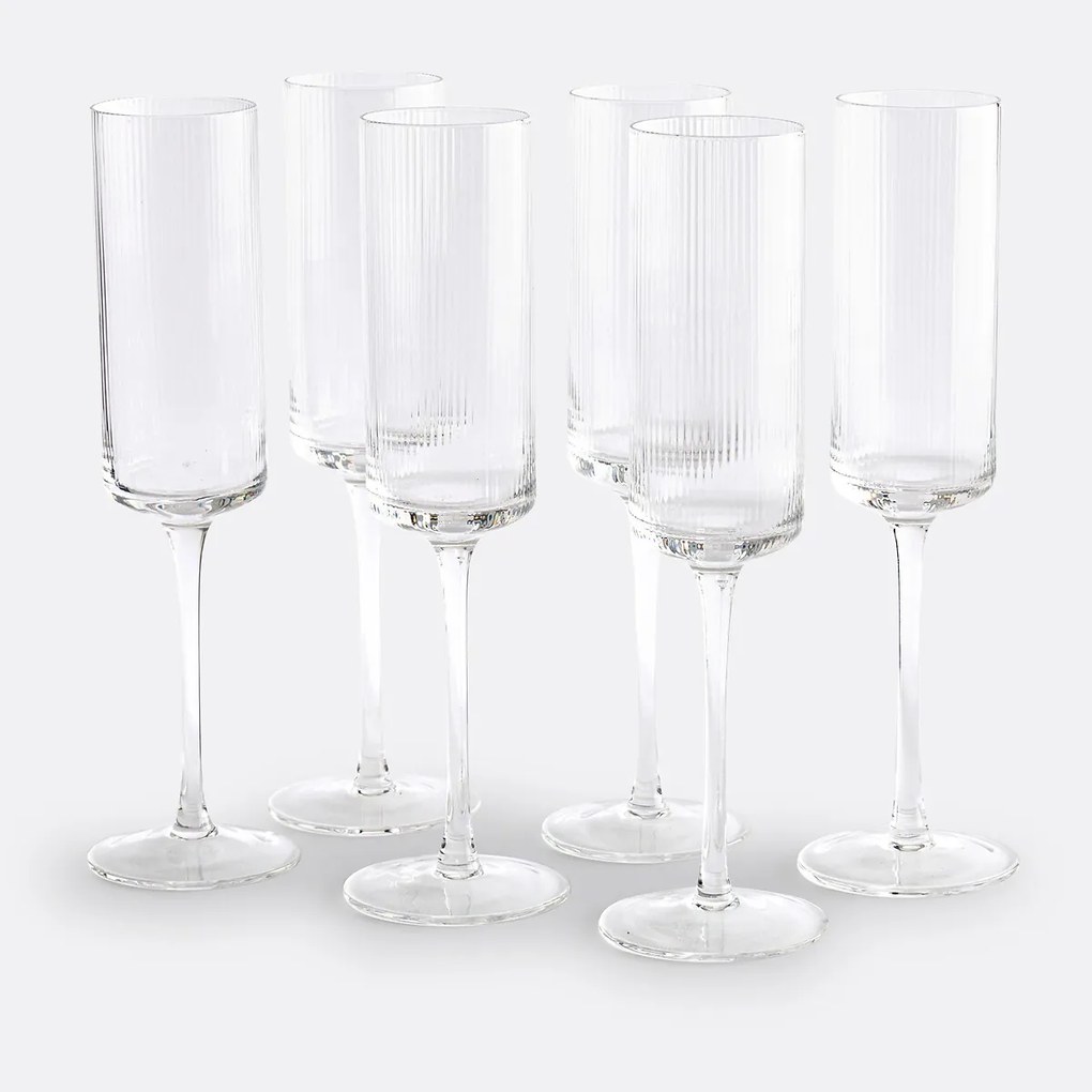 Set van 6 champagneglazen in geribbeld glas, Stria