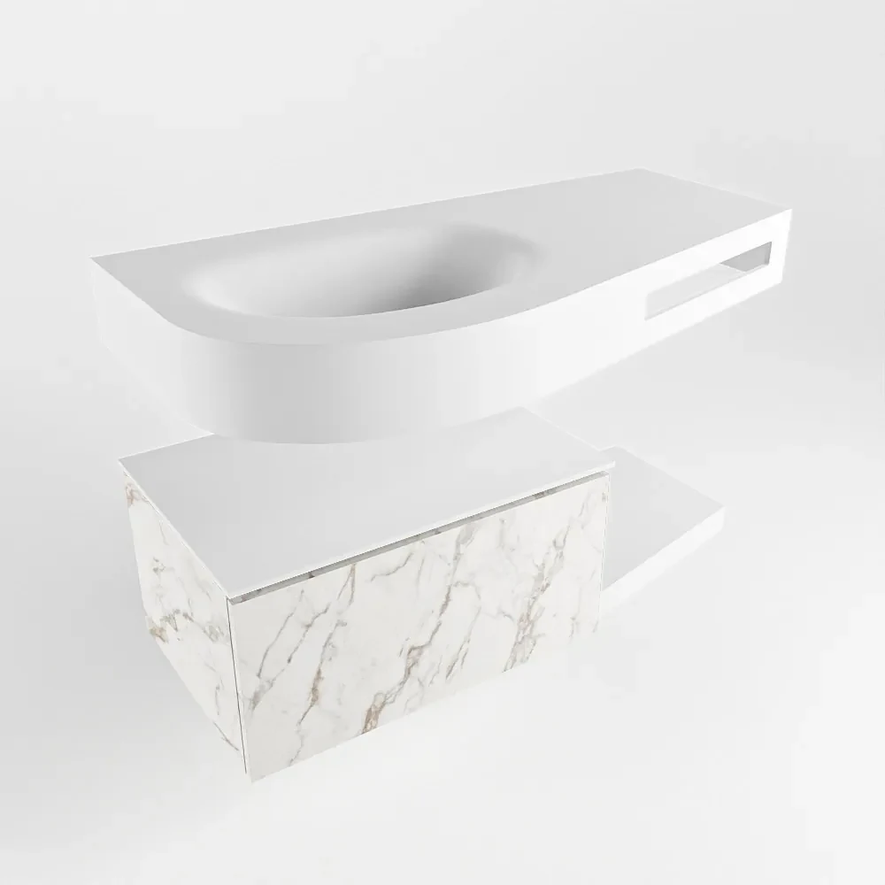 Mondiaz Riva badmeubel 100cm Carrara met 1 lade en wastafel links 0 kraangaten Talc