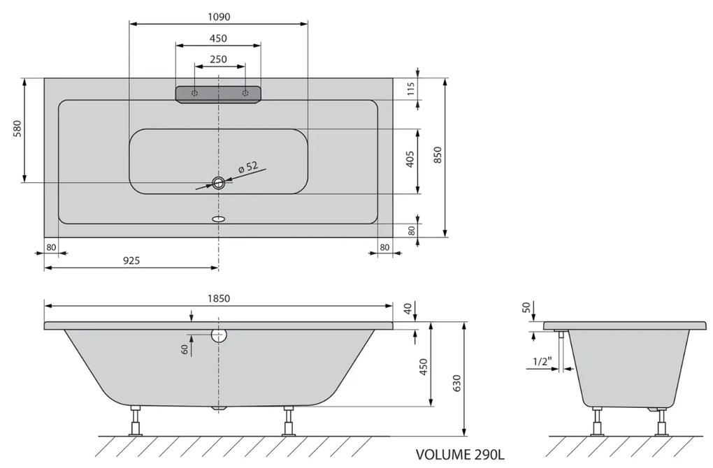 Polysan Monolith Cascata half vrijstaand bad met zwarte waterval uitloop 185x85cm