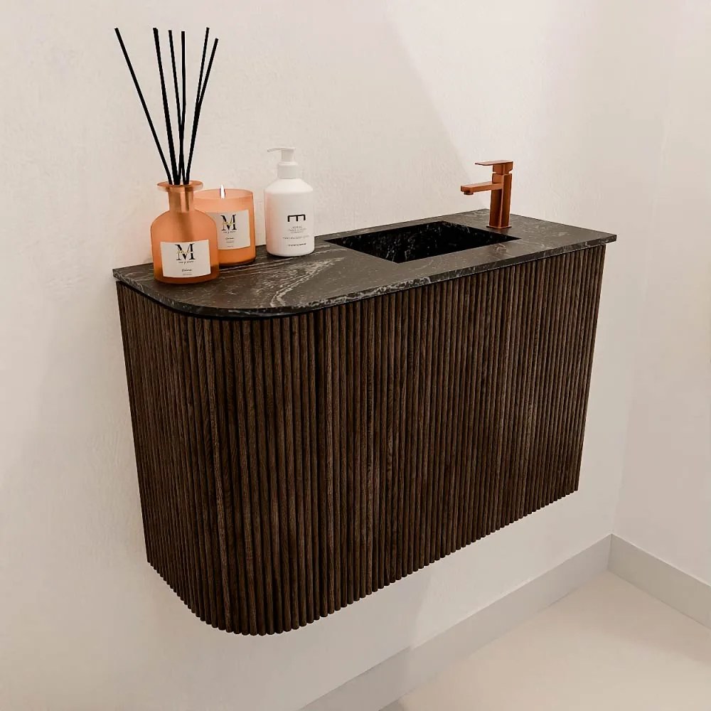 Mondiaz Joya DLux 60cm toiletmeubel ronding links walnut met wastafel faye rechts 1 kraangat lava