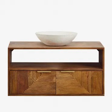 Baty Mangohouten Badkamermeubelset Mangohout & Rond Cement Wit Ø40 Cm Zavion & Spiegelloze & Zonder Kraan - Sklum