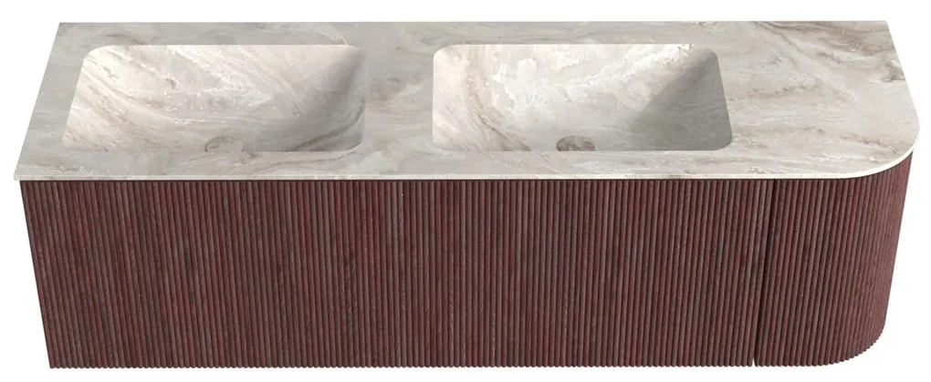 Mondiaz Kurve-dlux 145cm badmeubel ronding rechts ruby met 1 lade en deur en wastafel leaf dubbel/links zonder kraangat frappe