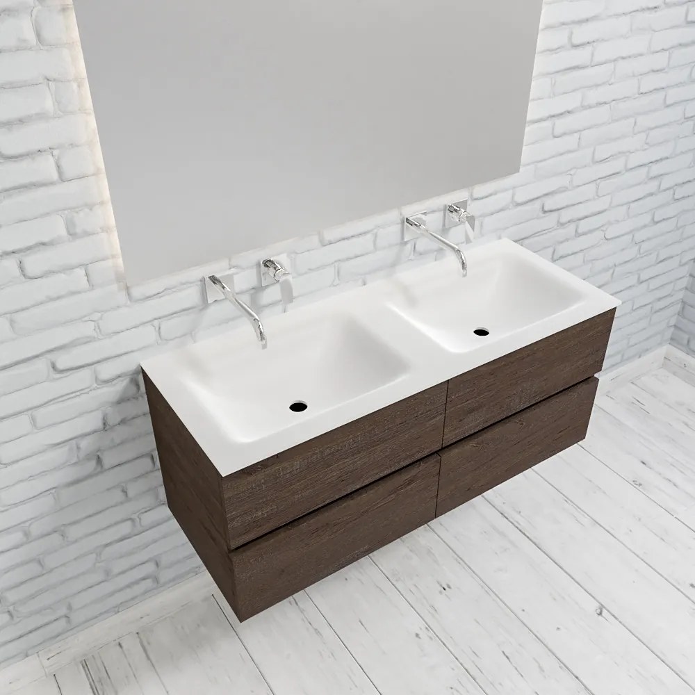 Zaro Valencia Solid Surface badmeubel 120cm donker eiken zonder kraangat dubbele spoelbak met 4 lades