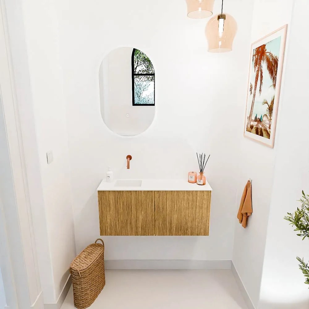 Mondiaz Joya 90cm toiletmeubel oak met wastafel faye links zonder kraangat talc